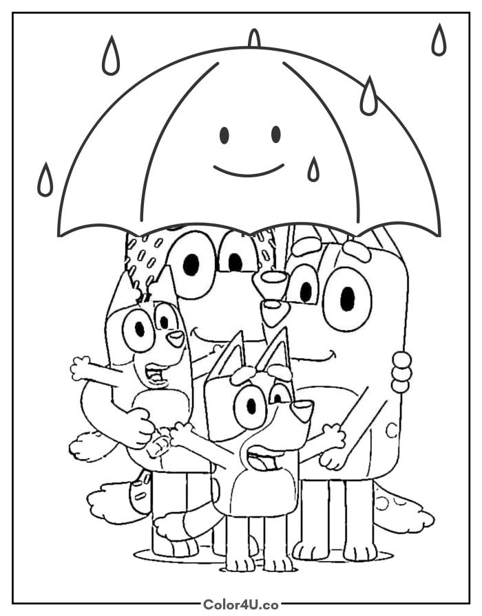 Bluey family under an umbrella in the rain, medium Bluey coloring page, free printable