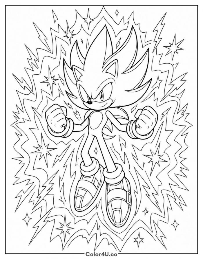 Hyper Sonic surrounded by lightning bolts, detailed Sonic the Hedgehog coloring page, free printable
