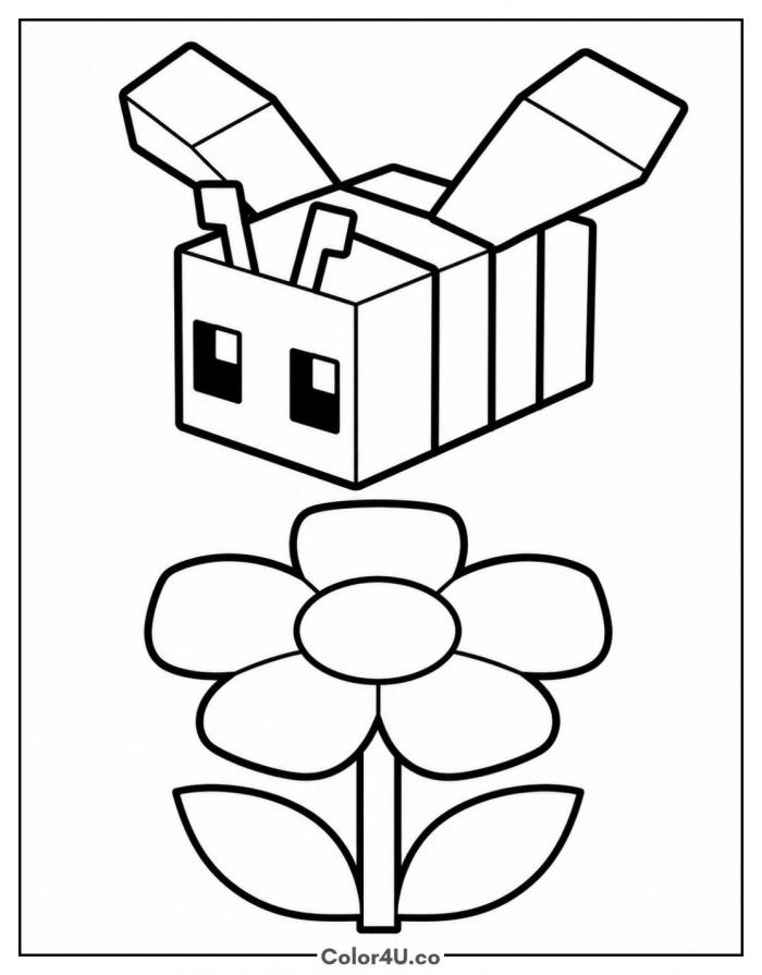 Minecraft bee over flower, easy coloring page, free printable