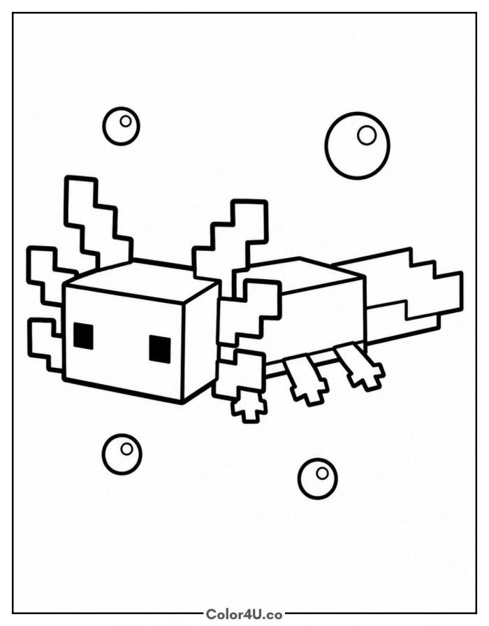 Minecraft axolotl swimming, easy coloring page, free printable