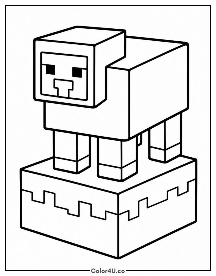 Minecraft sheep on a grass block, easy coloring page, free printable