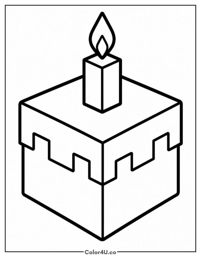 Minecraft cake with candle, easy coloring page, free printable