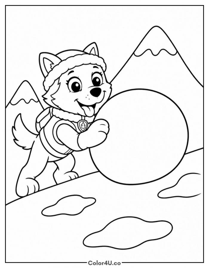 Everest rolling a snowball, easy PAW Patrol coloring page, free printable