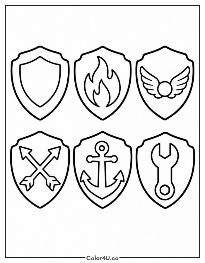 Six PAW Patrol pup badges, easy coloring page, free printable