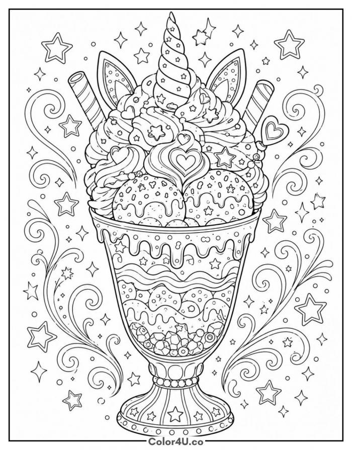 Unicorn sundae with swirled scoops and spiral horn, detailed coloring page, free printable