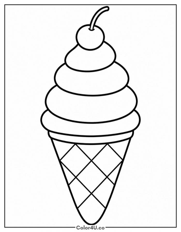 Soft-serve ice cream cone with cherry on top, easy coloring page, free printable