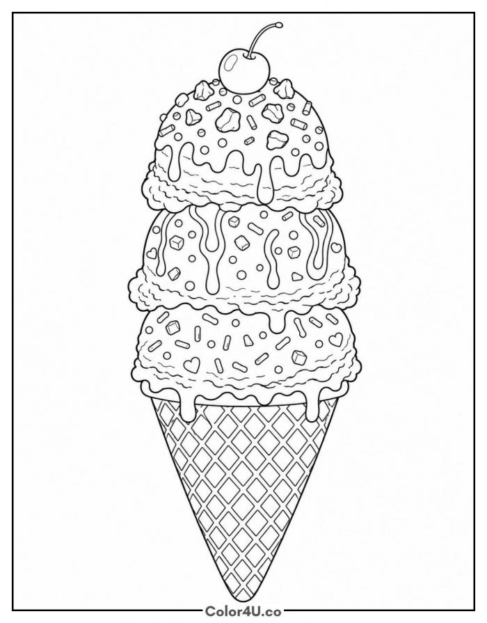 Triple scoop ice cream cone with sprinkles and cherry, detailed coloring page, free printable