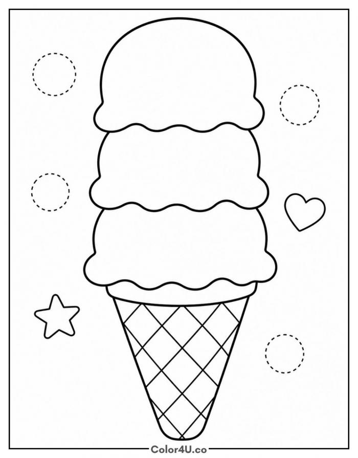Blank triple scoop ice cream cone to decorate, easy coloring page, free printable