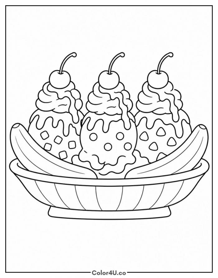 Banana split with three cherry topped ice cream scoops, medium coloring page, free printable