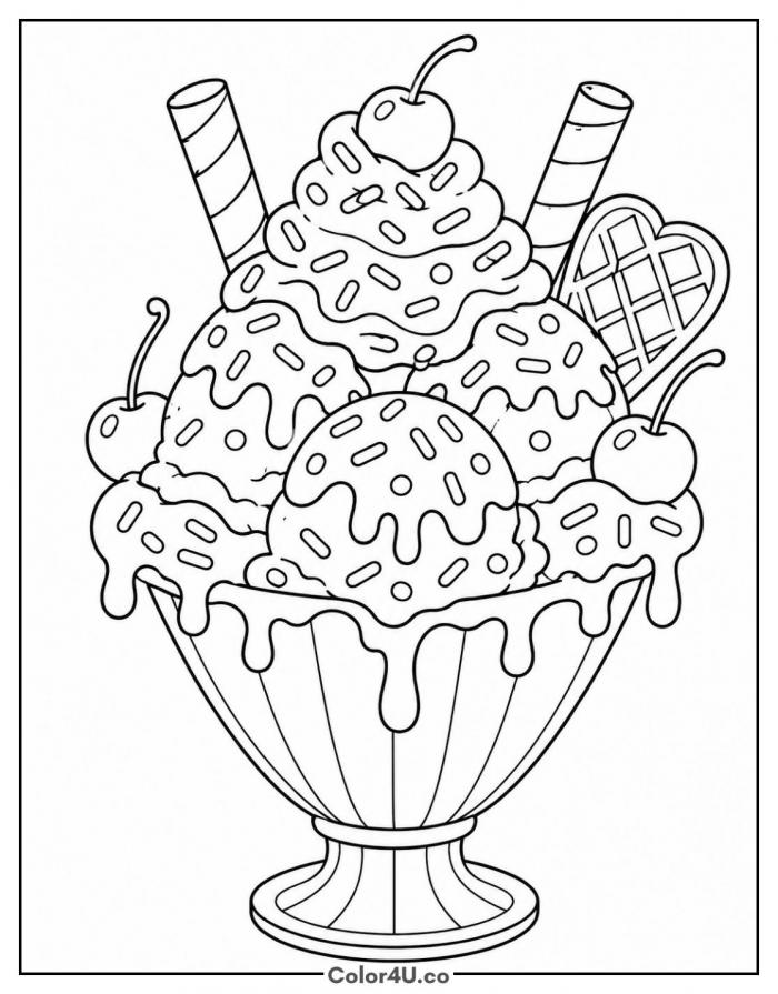 Loaded ice cream sundae with sprinkles, cherries and wafer cookies, detailed coloring page, free printable