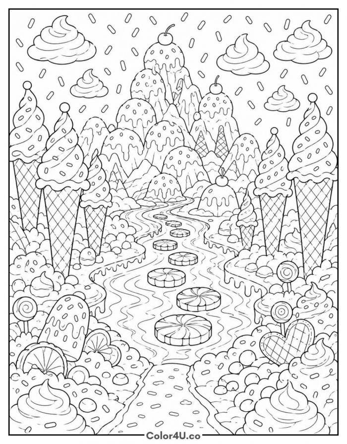 Ice cream land landscape with cone trees and candy river, detailed coloring page, free printable