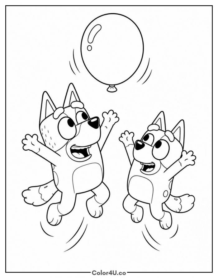 Bluey and Bingo jumping for a balloon, medium Bluey coloring page, free printable