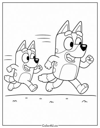 Bluey and Bingo Playing Chase coloring page
