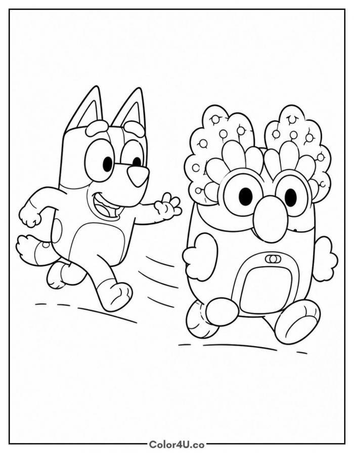 Bluey chasing Chattermax, medium Bluey coloring page, free printable