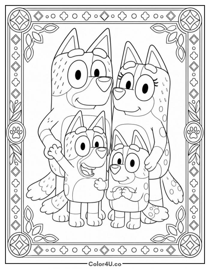 Heeler family portrait, detailed Bluey coloring page, free printable