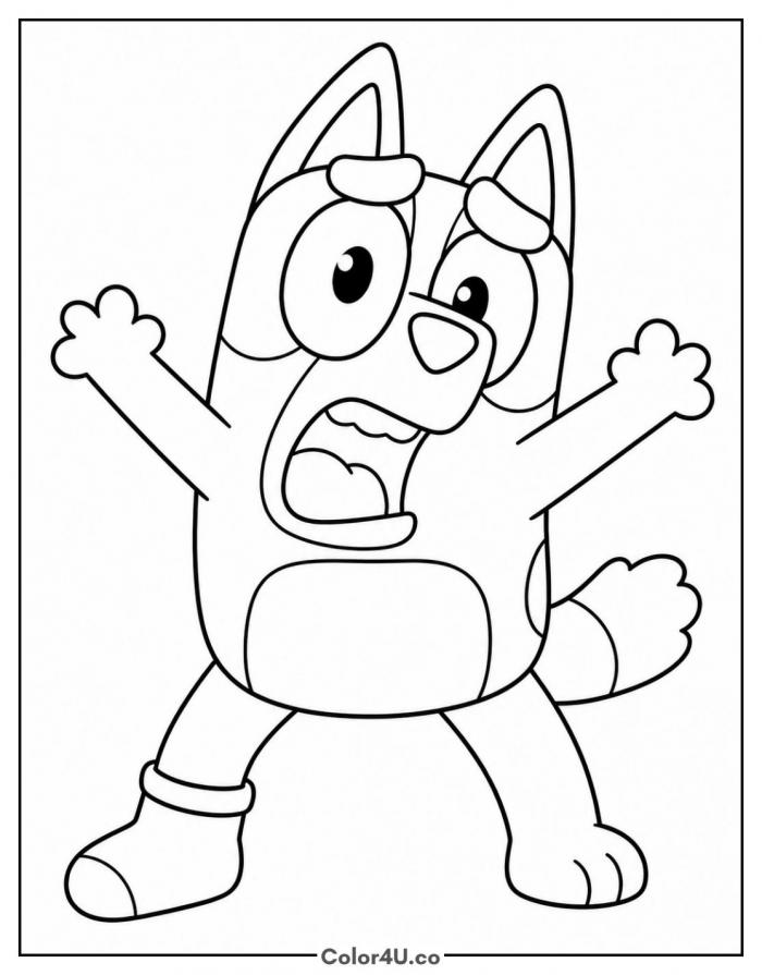 Muffin shouting with arms raised, easy Bluey coloring page, free printable