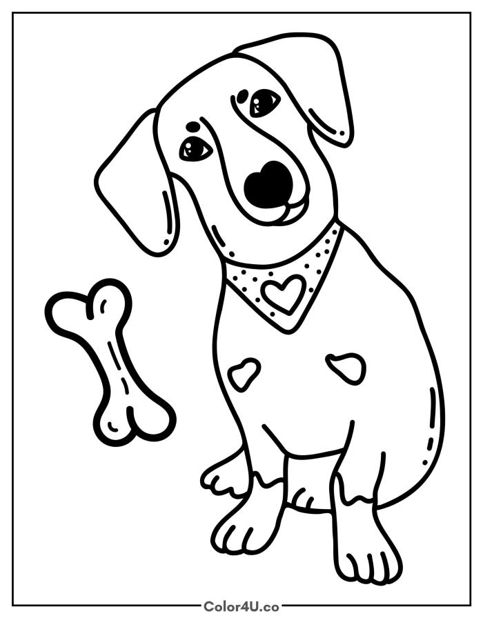 Happy puppy with heart bandana and a bone, easy dog coloring page, free printable