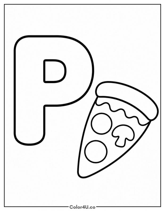 Letter P is for pizza with pizza slice, easy coloring page, free printable