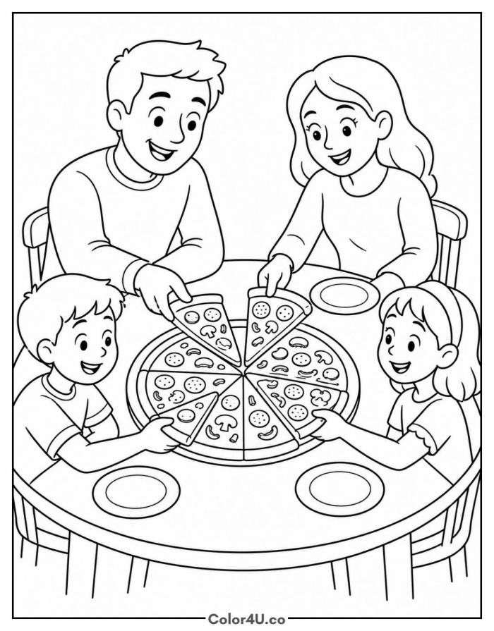 Family of four sharing a pizza at the table, detailed coloring page, free printable