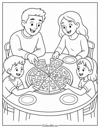 Family Sharing a Pizza coloring page