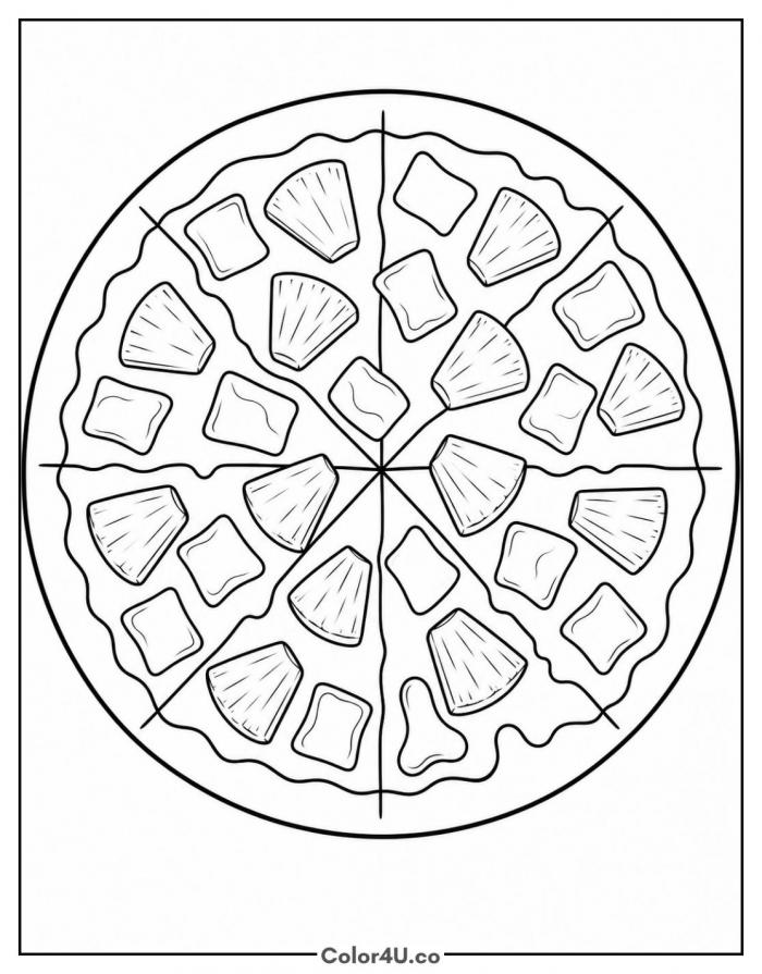 Hawaiian pizza with pineapple and ham slices, medium coloring page, free printable