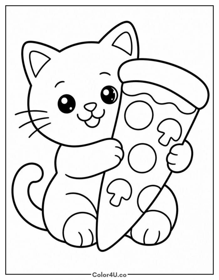 Cat hugging a pizza slice, easy coloring page, free printable