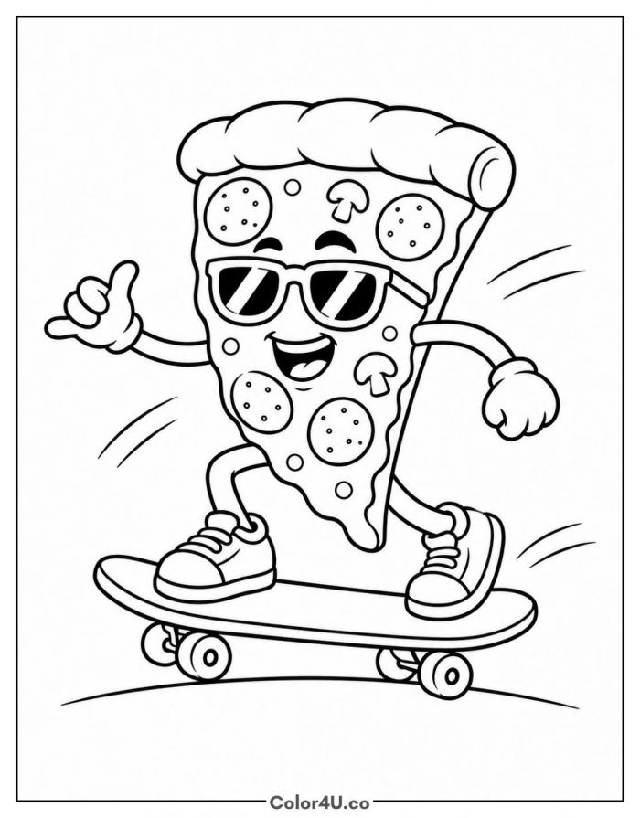Skateboarding pizza slice with sunglasses, easy coloring page, free printable