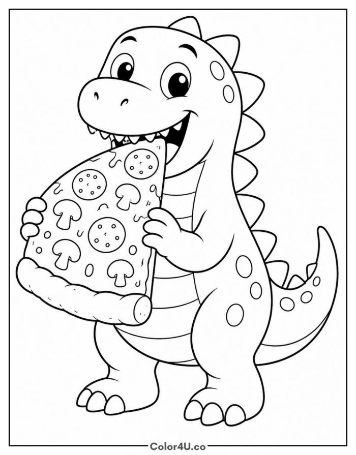 Dinosaur eating a pizza slice, medium coloring page, free printable