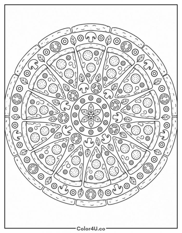 Pizza mandala with pepperoni and leaf patterns, detailed coloring page, free printable