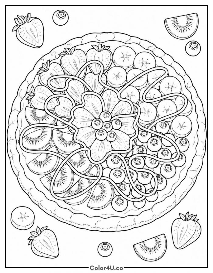 Fruit dessert pizza with strawberries kiwi and blueberries, detailed coloring page, free printable