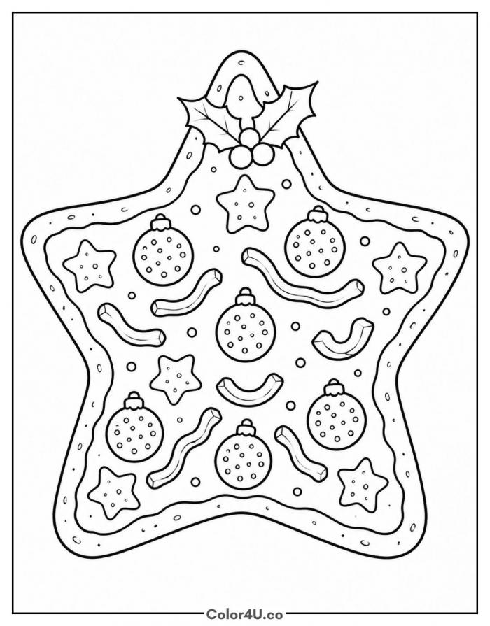Star-shaped Christmas pizza with ornaments and holly, medium coloring page, free printable