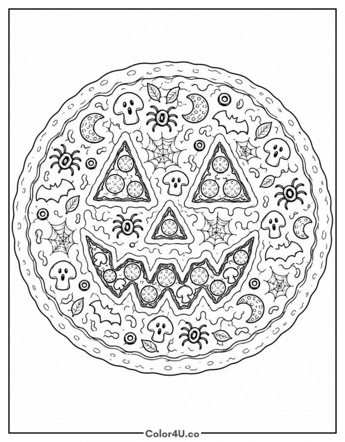 Halloween jack-o-lantern pizza with bats spiders and skulls, detailed coloring page, free printable