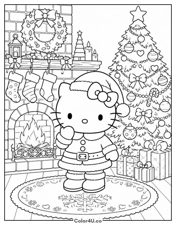 Hello Kitty in Santa suit by the fireplace, detailed Christmas coloring page, free printable
