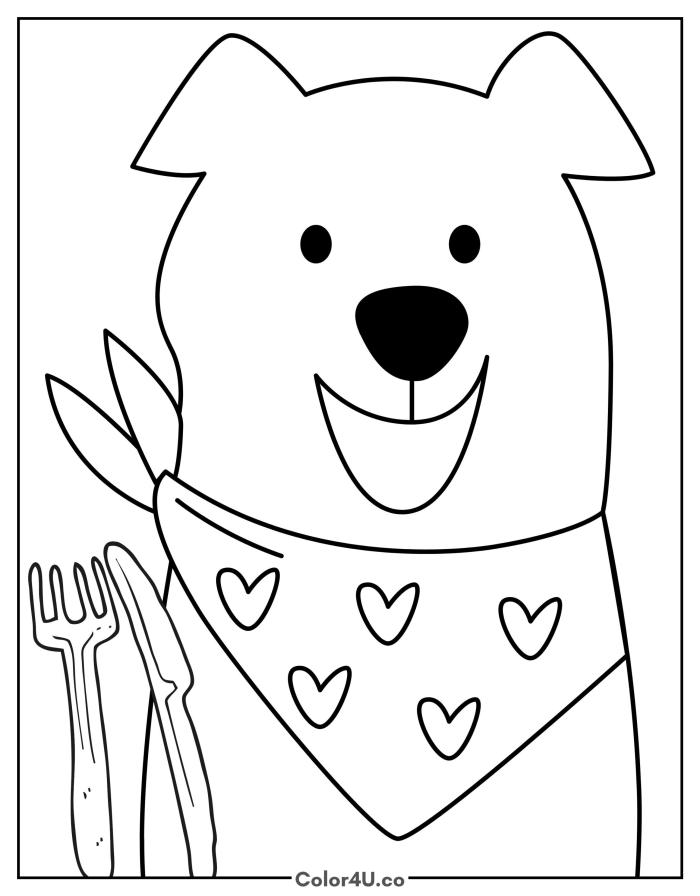 Dog with fork and knife and heart bib, easy dog coloring page, free printable