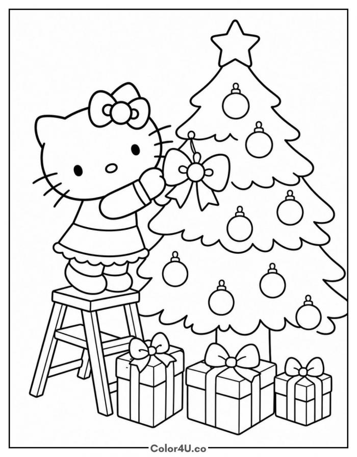 Hello Kitty decorating the Christmas tree, medium Hello Kitty coloring page, free printable