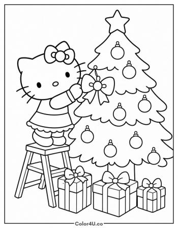 Hello Kitty Trims the Tree coloring page