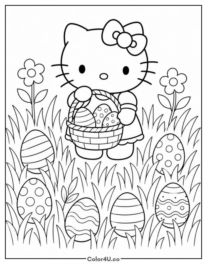 Hello Kitty Easter egg hunt in the grass, detailed coloring page, free printable