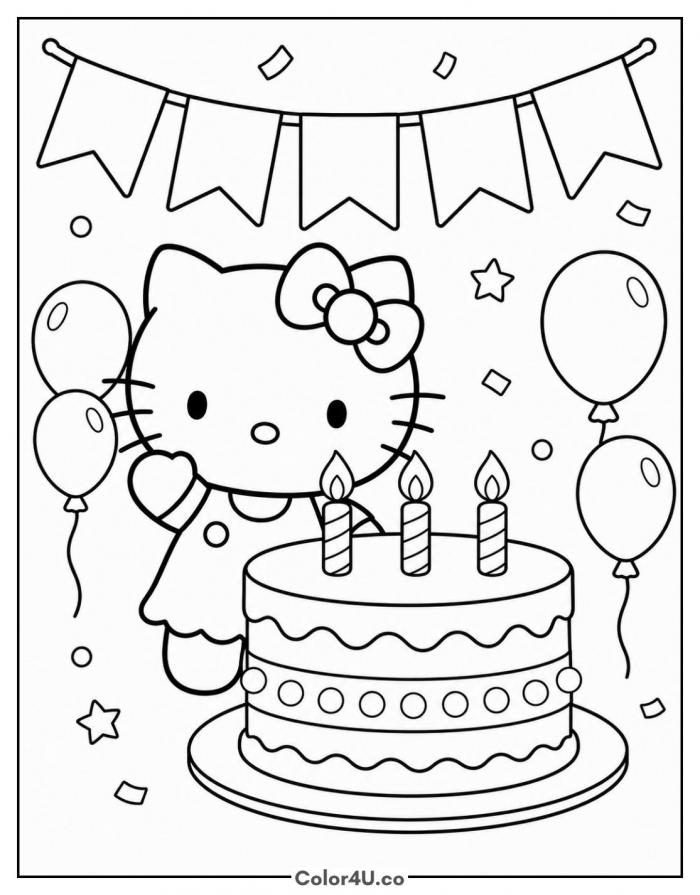 Hello Kitty with birthday cake and balloons, medium coloring page, free printable