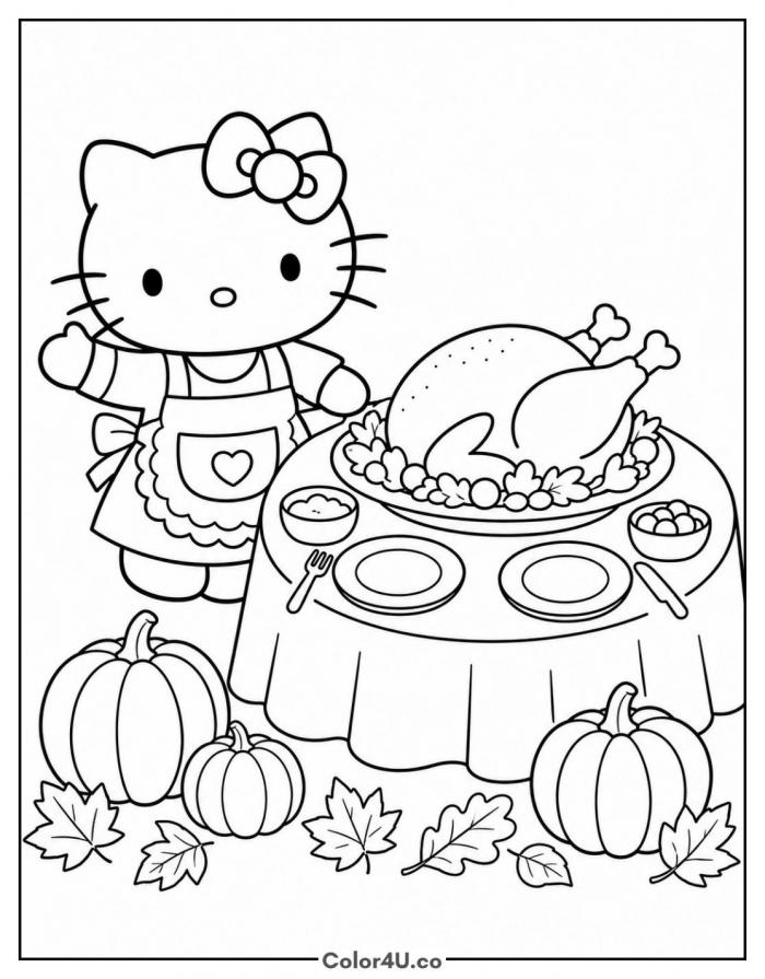 Hello Kitty at the Thanksgiving table with turkey, detailed coloring page, free printable