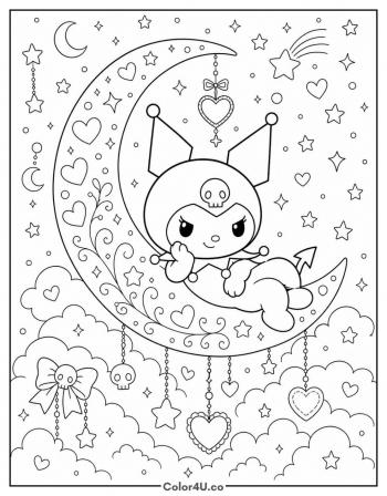 Kuromi on a Crescent Moon coloring page