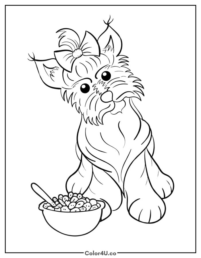 Yorkie refusing a food bowl, medium dog coloring page, free printable