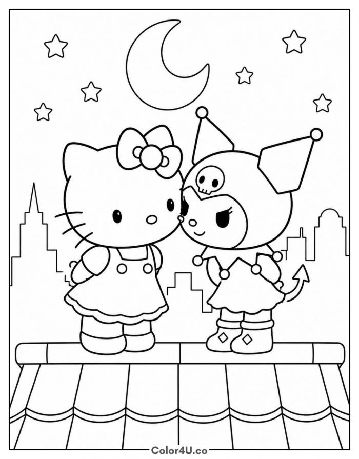 Hello Kitty and Kuromi face to face on rooftop, medium coloring page, free printable