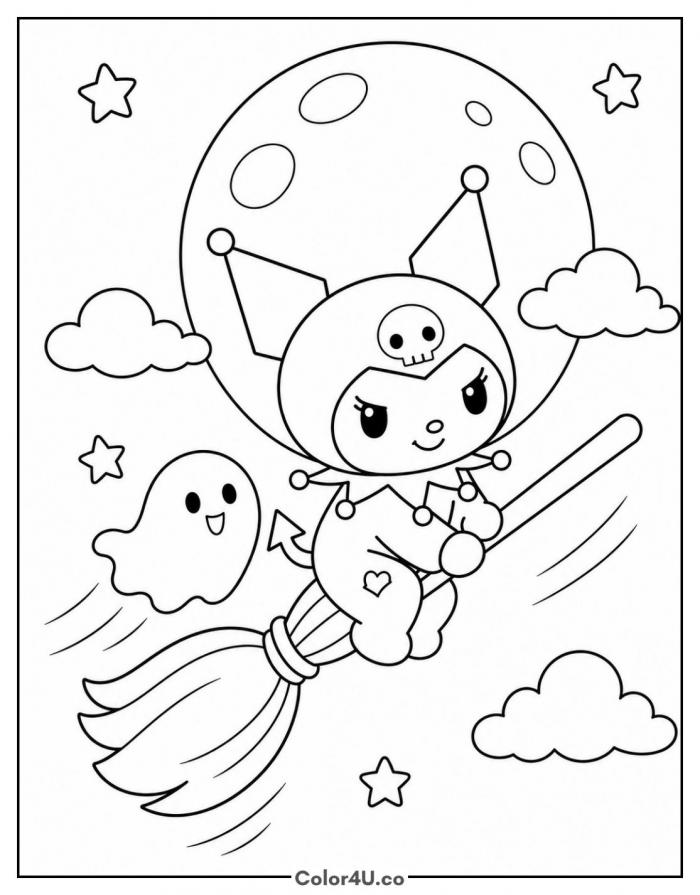 Kuromi flying on broomstick with ghost, medium coloring page, free printable