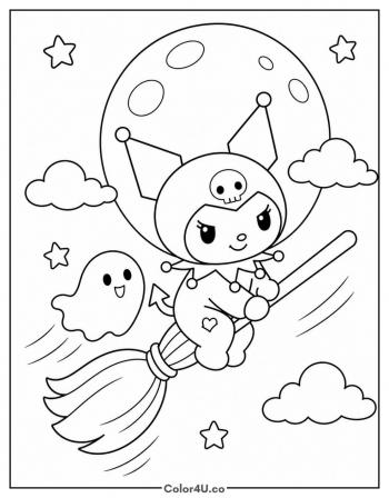Kuromi on Her Broomstick coloring page