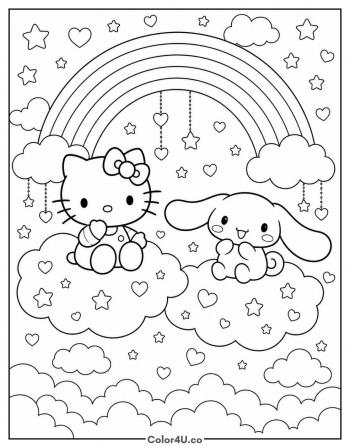 Hello Kitty and Cinnamoroll in the Sky coloring page