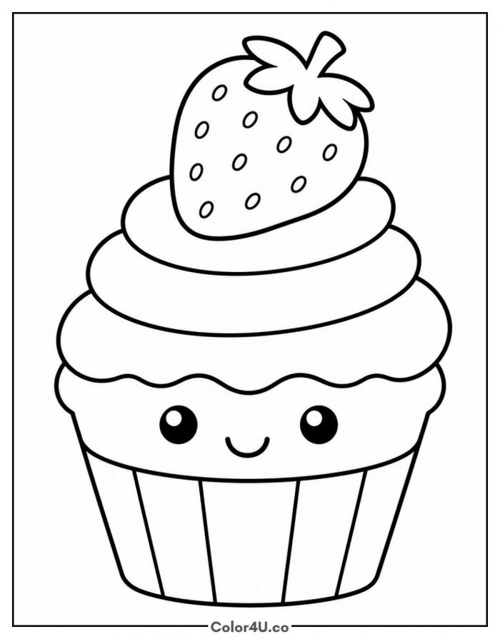 Smiling cupcake topped with a strawberry, easy cupcake coloring page, free printable