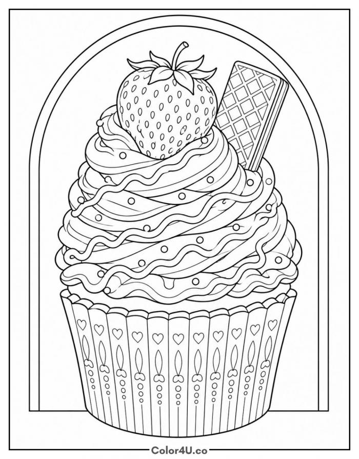 Cupcake with strawberry and wafer stick, detailed cupcake coloring page, free printable