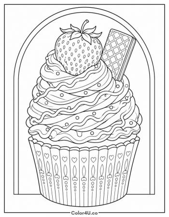 Strawberry & Wafer Cupcake coloring page