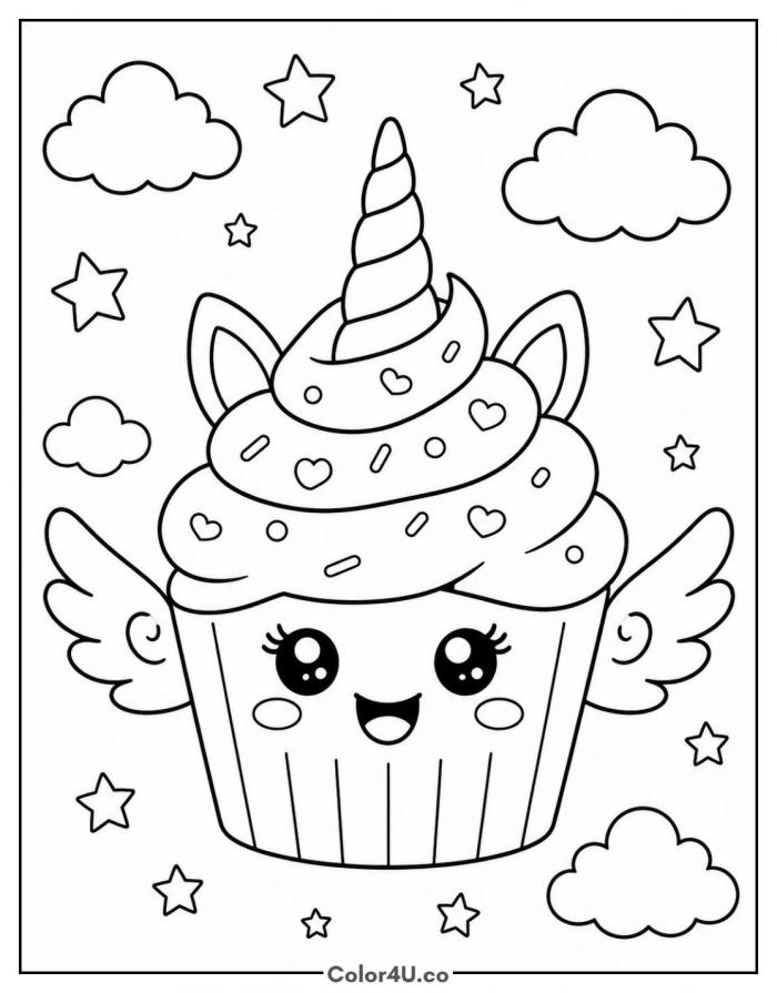 Smiling unicorn cupcake with wings and horn, medium coloring page, free printable