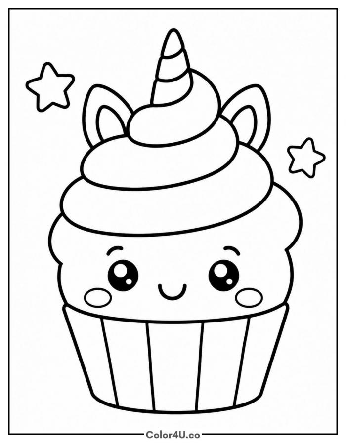 Smiling baby unicorn cupcake with horn and ears, easy coloring page, free printable
